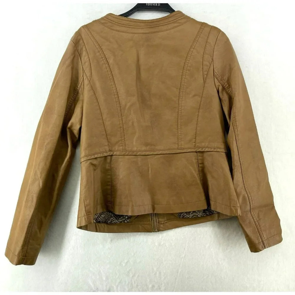 Alfani Jacket Women's Sz S Brown Camel Faux Leather Snake Print Lining Pockets - Picture 2 of 11
